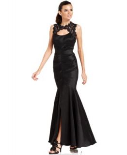 JS Collections Contrast Lace Panel Pleat Gown
