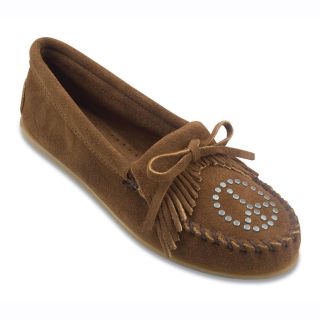 Minnetonka Womens Fringe Moccasin Peace Sign   Dusty Brown Suede