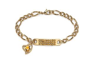 Birthstone I.D. Plaque and Heart Charm Figaro Link Bracelet in Yellow Gold Tone 7"   November  Simulated Citrine