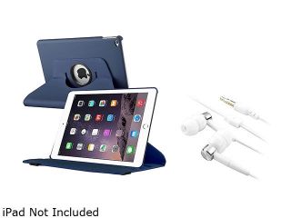 iPad Air 2 Case,Insten Navy Blue 360 degree Swivel Leather Case with White In ear (w/on off) Stereo Headsets for Apple iPad Air 2 2036062