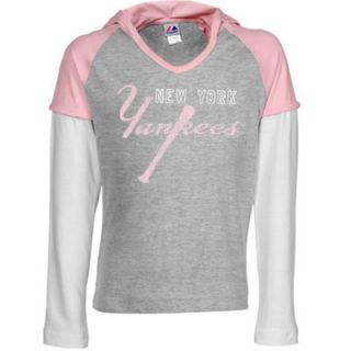 Majestic New York Yankees Preschool Girls Double Layer Long Sleeve Hoodie T Shirt   Ash/Pink