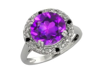 3.19 Ct Round Purple Amethyst and Black Diamond 14k White Gold Ring