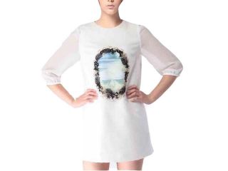 Seven point sleeve embroidery printing Chiffon Dress