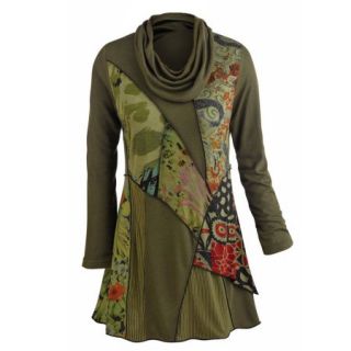 Womens Tunic Top   We Love Olive Patchwork Printed Cowl Neck Blouse